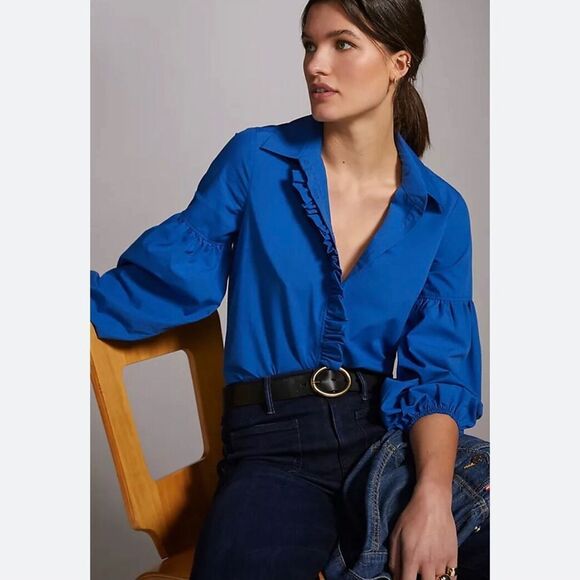 Anthropologie Cobalt Blue Puff Sleeve Ruffle Front Button Up Blouse Shirt - Picture 1 of 16